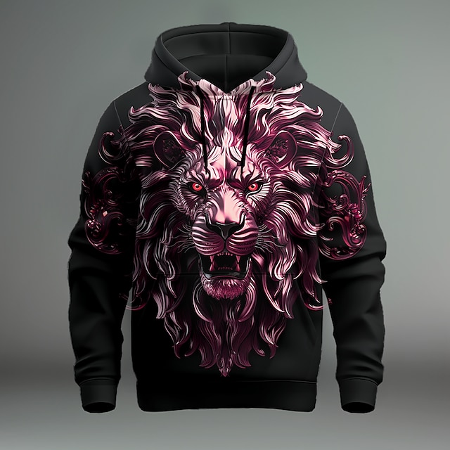  Pánské Grafika Lev Kapuce Kapucky Mikina Kapuce Dlouhý rukáv Mikina s kapucí Kapuce Módní 3D tisk Dovolená Jdeme ven Streetwear Černá Rubínově červená Tisk Přední kapsa Jaro & podzim Návrhář