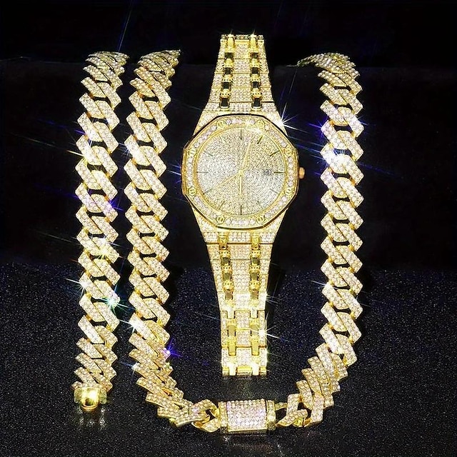  3 יח'\סט שעון יהלומים מלאכותיים לגברים של hiphop & שַׁרשֶׁרֶת & סט צמידים, מתנת חג המולד