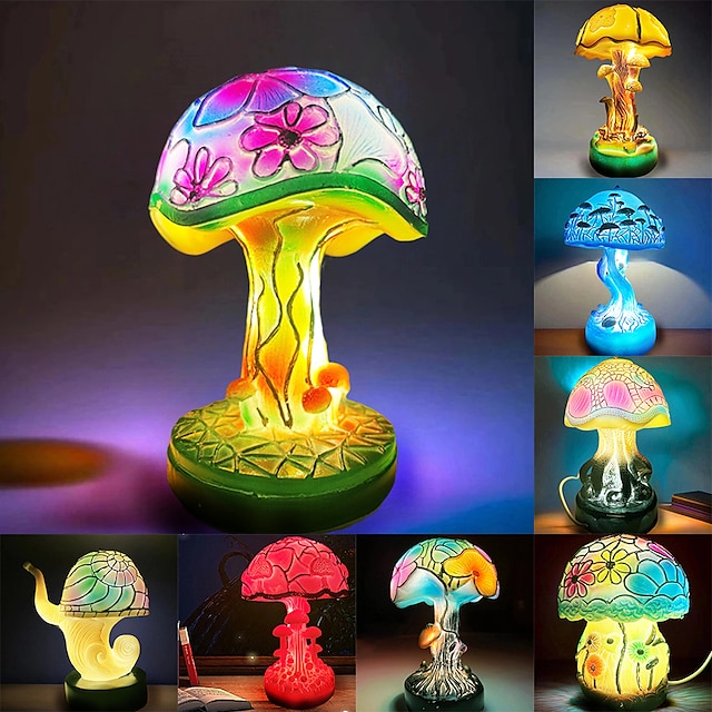  Mushroom Table Lamp, Simulated Stained Glass Night Light, Bohemian Resin Decorative Bedside Lamp, for Bedroom Living Room Home Office, Decor Gift