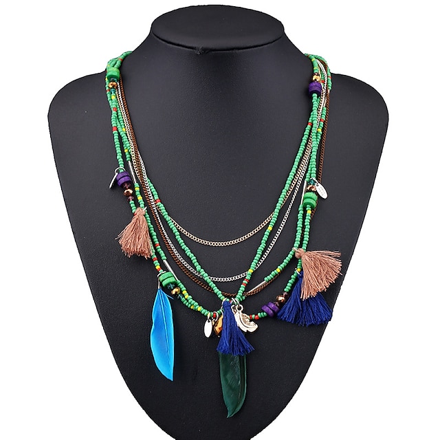  Collier multicouche bohème de carnaval, fait à la main, perles de plumes, franges, chaîne de pull en résine, perles de riz, bijoux touristiques