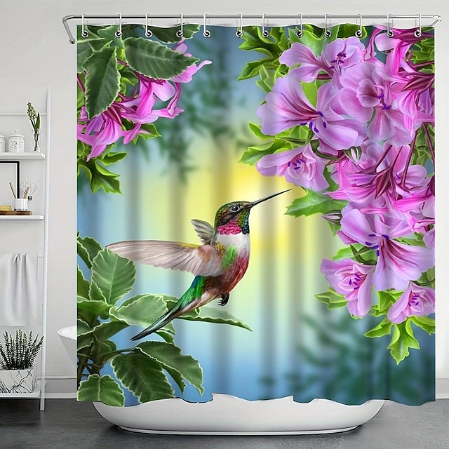  kolibri és virágmintás zuhanyfüggöny 12 akasztóval, vízálló és penészálló poliészter fürdőfüggöny, mosógépben mosható szövet fürdőfüggöny, fürdőszoba dekor