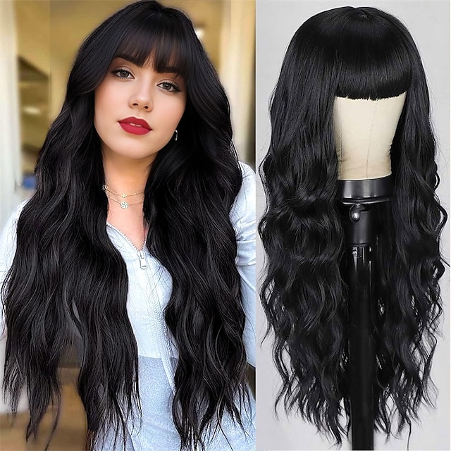  черный парик с челкой для женщин, длинные волнистые парики, вьющийся синтетический парик, натуральные волосы, термостойкие парики для ежедневного использования на вечеринках