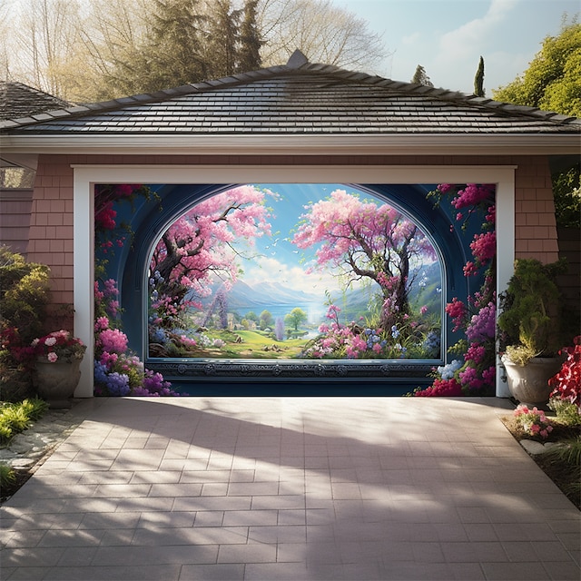 Cherry Blossom Arch Outdoor Garage Door Cover Banner Beautiful Large Backdrop Decoration for Outdoor Garage Door Home Wall Decorations Event Party Parade