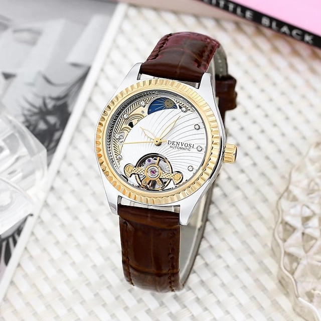  ceas de dama schelet luminos ceas mecanic pentru femei barbati faza lunara strass analog piele ceas de mana automat unisex