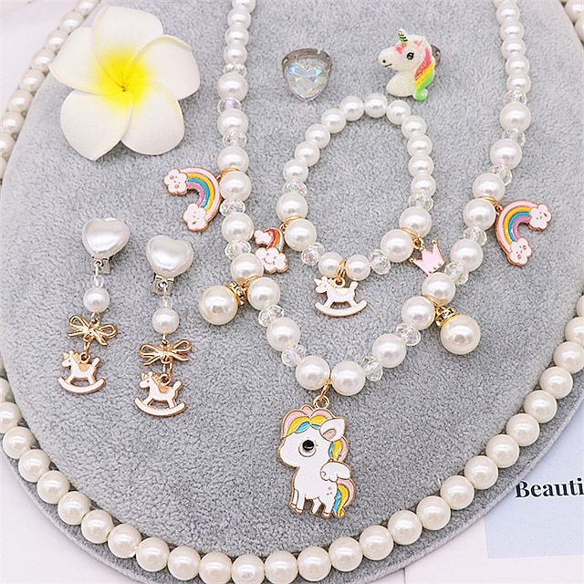  Conjunto de pulsera y collar de perlas para niños, collar de unicornio, accesorios para niñas y bebés, collar para niños