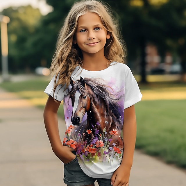  Девочки 3D Лошадь Футболка Рубашка С короткими рукавами 3D печать Лето Активный Мода Симпатичные Стиль Полиэстер Дети 3-12 лет Вырез под горло на открытом воздухе Повседневные Стандартный