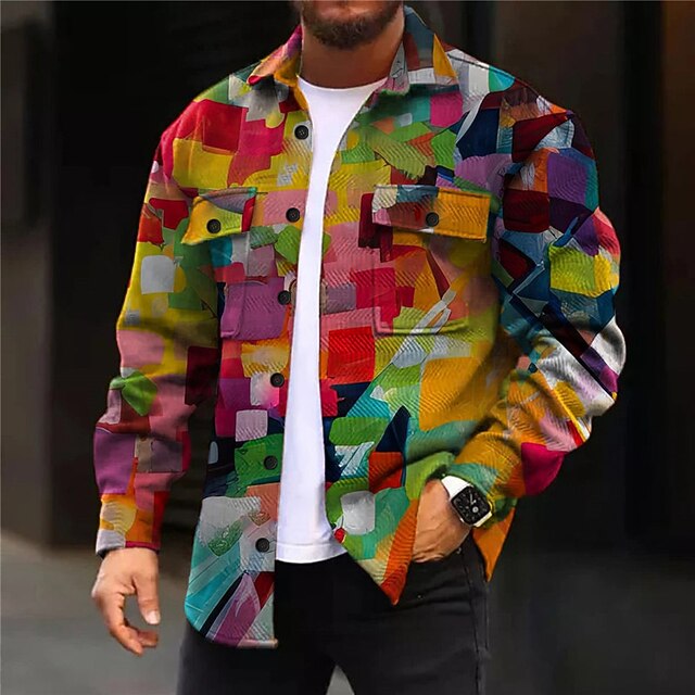 Men's Geometric Pattern Geometry Shirt Shirt Jacket Overshirt Long Sleeve Artistic Abstract Daily Wear Going out Weekend Fall & Winter Turndown Pocket Print Button-Down Purple Rainbow3
