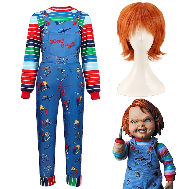  Set with Chucky Costume Jumpsuit Round Neck Sweatshirt Orange Wig 3 PCS Movie TV Theme Chucky Cosplay Costume Outfits for Adults Kids Unisex Men Women Boys Girls Scary Dolls Cosplay Costume