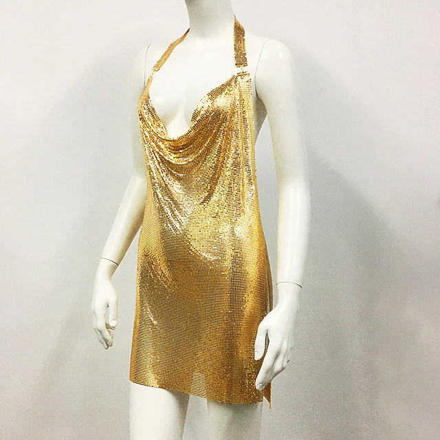 Metallic Backless Sparkle Body Chain Mini Dress Disco Sequins Solid ...