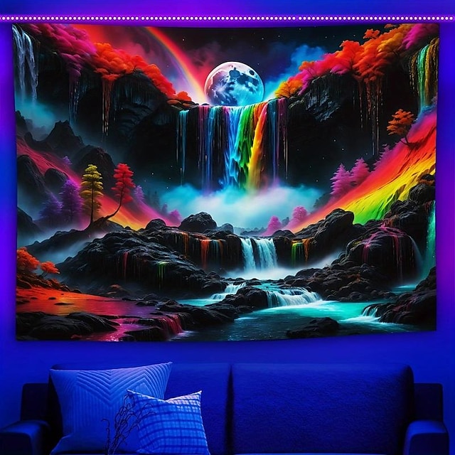  magiczny wodospad czarne światło gobelin reaktywny uv świecące w ciemności trippy góra mglisty krajobraz natury wiszący gobelin ścienny artystyczny mural do salonu sypialni