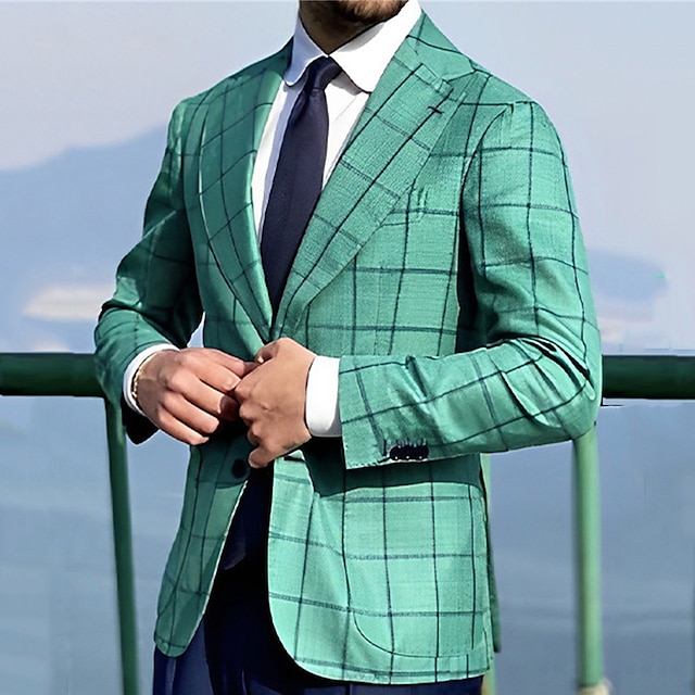  Men's Blazer Business Cocktail Party Wedding Party Fashion Casual Spring &  Fall Polyester Plaid Button Casual / Daily Single Breasted Blazer Green
