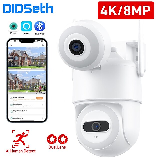  Didseth 8 MP 4K WLAN Dual-Objektiv-Kamera für den Außenbereich, PTZ-Video, AI, menschlicher Monitor, Nachtsicht, für den Außenbereich, Sicherheits-CCTV-Kamera, ICSee-App