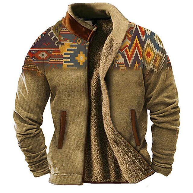 Men's Graphic Color Block Tribal Sweatshirts Zip Sweatshirt Fleece Jacket Outerwear Long Sleeve Sweatshirt Stand Collar Daily Ethnic Casual 3D Print Vacation Holiday Going out Print Fleece Winter4