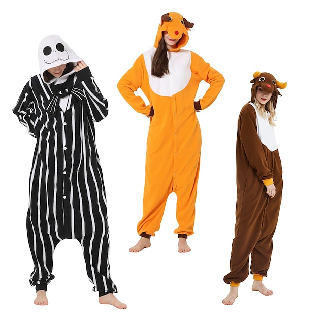  Adults' Kigurumi Pajamas Nightwear Onesie Pajamas Skeleton Reindeer Animal Jack Skellington Animal Onesie Pajamas Cute Polar Fleece polyester fibre Cosplay For Men's Women's Animal Sleepwear Cartoon