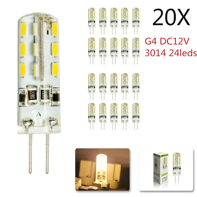  20 יחידות 10 יחידות g4 נורת led 2w 24led dc12v 3014smd חיסכון מיני מנורת סיליקון 360 קרן זווית להחליף נברשת זרקור אור הלוגן