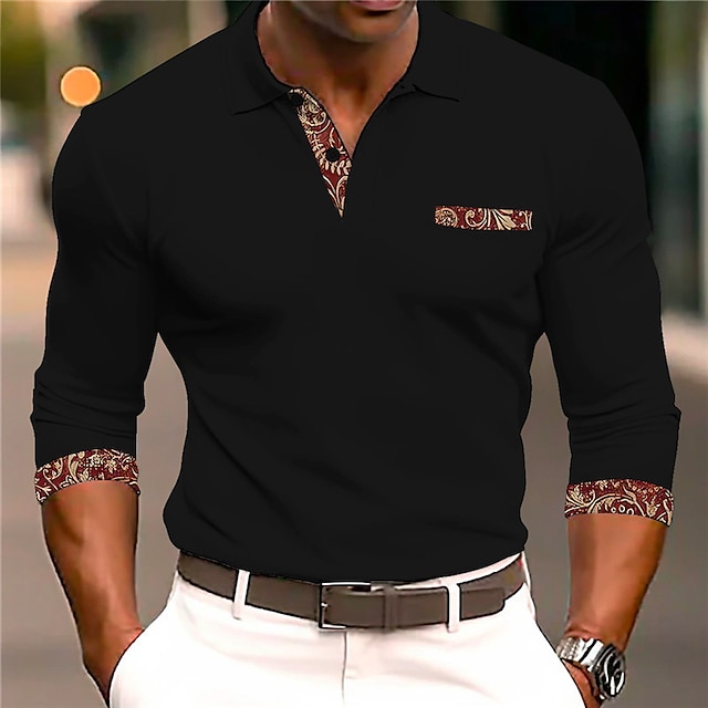  Floral Men's Casual 3D Print Cable Knit Polo Outdoor Casual Daily Streetwear Polyester Long Sleeve Turndown Polo Shirts Black Wine Spring & Summer S M L Micro-elastic Lapel Polo