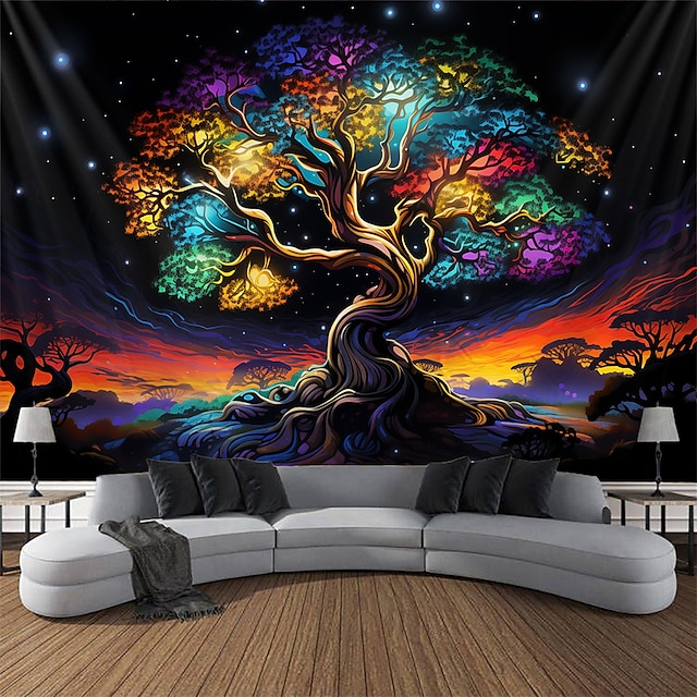  Tapeçaria de luz negra brilho reativo uv no escuro árvore da vida trippy enevoada natureza paisagem tapeçaria suspensa mural de arte de parede para sala de estar quarto