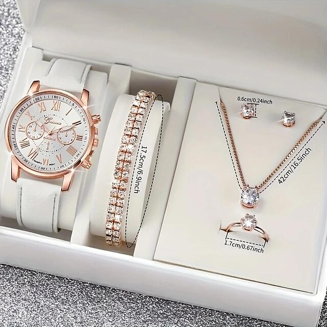  6 τμχ/σετ γυναικείο ρολόι casual στρογγυλό ρολόι quartz αναλογικό pu δερμάτινο ρολόι καρπού & σετ κοσμημάτων, δώρο για τη μαμά της