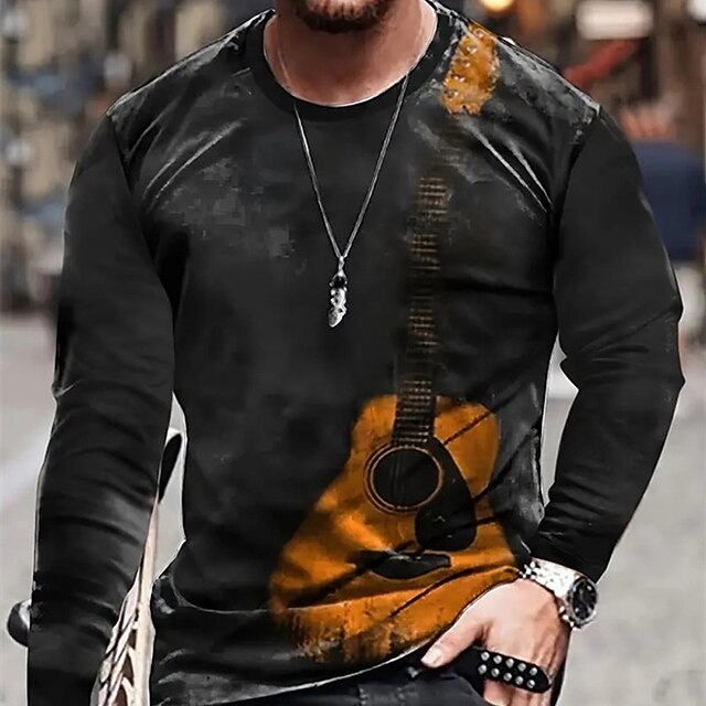 Music Festival Men's Graphic Guitar Musical Instrument T Shirt Long Sleeve T shirt 3D Print Crew Neck Shirt Fashion Designer Casual Sports Outdoor Holiday Going out Sky Blue Purple Orange Spring4