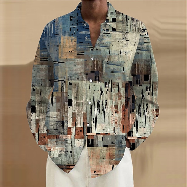  Bloque de color Raya Vintage Tribal Hombre Camisa Ropa Cotidiana Noche Otoño invierno Cuello Vuelto Manga Larga Azul Piscina, Arco Iris S, M, L Tejido elástico en 4 direcciones Camisa