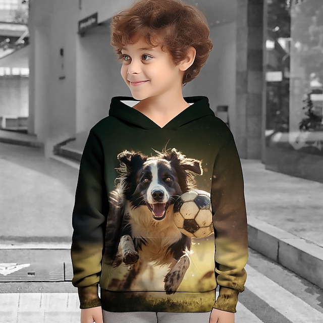  Boys 3D Dog Football Hoodie Pullover Long Sleeve 3D Print Spring Fall Fashion Streetwear Designer Polyester Kids 3-12 Years Hooded Outdoor Casual Daily Regular Fit