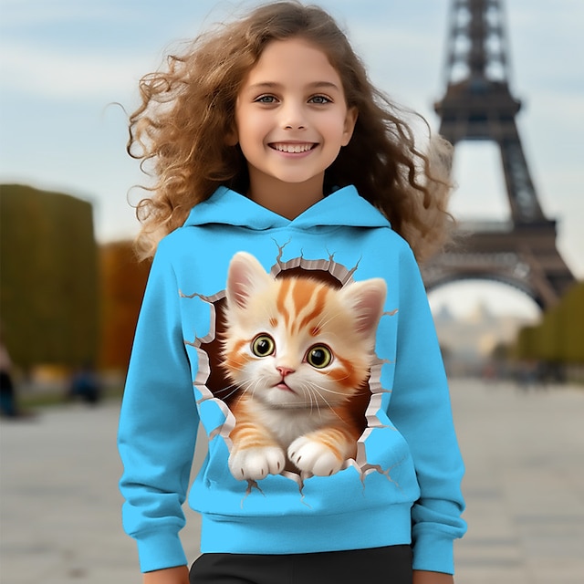  Girls' 3D Cat Hoodie Pullover Pink Long Sleeve 3D Print Spring Fall Active Fashion Cute Polyester Kids 3-12 Years Hooded Outdoor Casual Daily Regular Fit