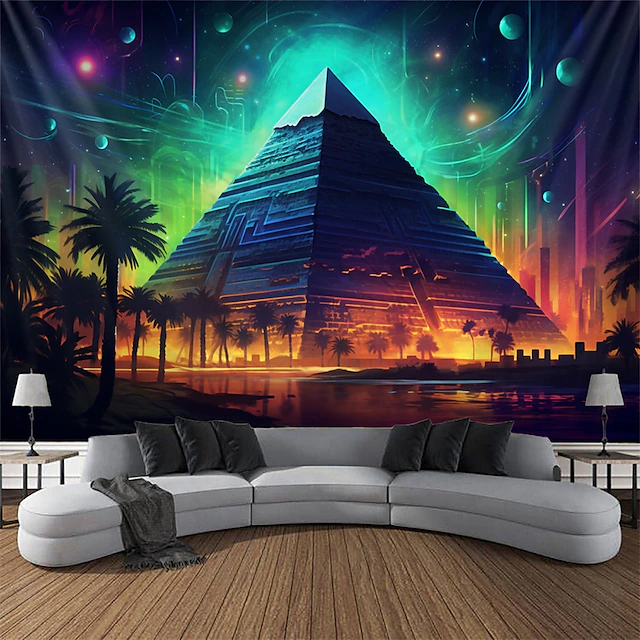 Blacklight Tapestry UV Reactive Glow in the Dark Glow Party Neon Egyptian Pyramid Psychedelic Trippy Misty Hanging Tapestry Wall Art Mural for Living Room Bedroom 14