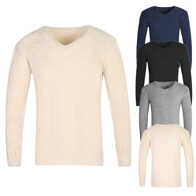 Men's Pullover Sweater Jumper Cable Knit Sweater Ribbed Knit Knitted Plain V Neck Keep Warm Casual Daily Wear Vacation Clothing Apparel Fall & Winter caramel Black M L XL 14