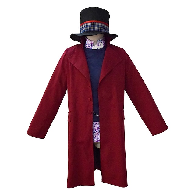  Sjakie en de chocoladefabriek Wonka Willy Wonka Jas Cosplay kostuum Hoeden Voor heren Film cosplay Cosplay Rood Halloween Carnaval Maskerade Jas Ves Hoed