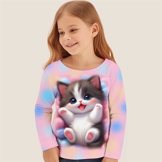  Dívčí 3D Kočka Košilky Košile Růžová Dlouhý rukáv 3D tisk Jaro Podzim Aktivní Módní Roztomilý Polyester Děti 3-12 let Tričkový Venkovní Ležérní Denní Běžný