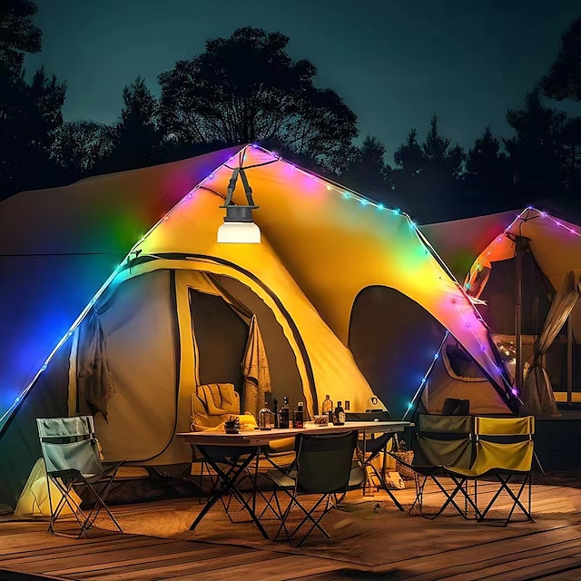  Lanterna de acampamento luzes de corda solares multifuncional recarregável para barraca ao ar livre luz de acampamento 16,4 pés ip65 equipamento de acampamento à prova d'água com emergência recarregável