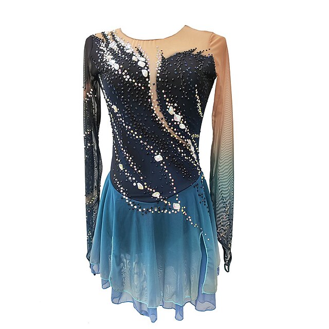 Figure Skating Dress Women's Girls' Ice Skating Dress Dark Blue Thumbhole Halo Dyeing High Elasticity Professional Competition Skating Wear Thermal Warm Crystal / Rhinestone Long Sleeve Ice Skating 11