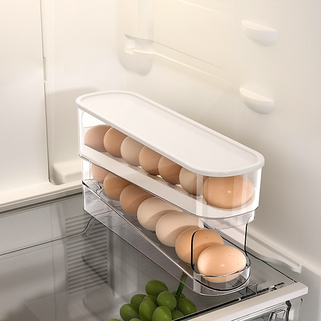  2-lags eggholder for kjøleskap, automatisk rullende eggoppbevaringsstativ, kjøleskapsoppbevaringsorgan for kjøkken, sidedør eggeboks for kjøleskap, kjøkken, husholdning