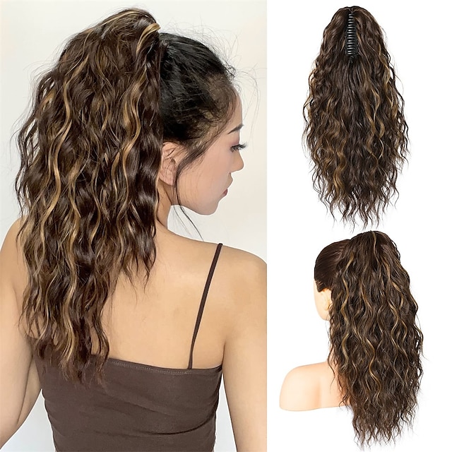  Highlight Ponytail Extension PT002 Tia Claw Long Multi Layered Fluffy Thick Wavy Curly Jaw Clip in Fake Pony Tails Fake Hair Soft Synthetic Hairpiece Chocolate Brown Blonde Highlights