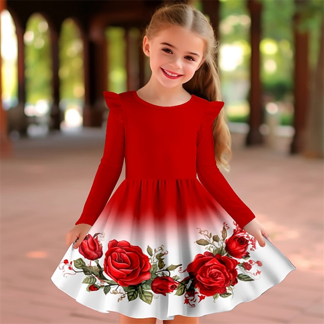  dívčí 3d růže květinové šaty dlouhý rukáv 3D tisk jaro podzim sport & venkovní denní dovolená roztomilý ležérní krásné děti 3-12 let ležérní šaty šaty nad kolena polyester regular fit
