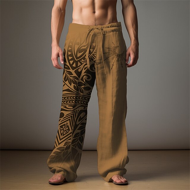 Men's Palm Leaf Linen Pants Pants Trousers Baggy Pants Mid Waist Vintage Outdoor Daily Wear Streetwear Fall & Winter Blue Green 6