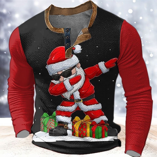  Camiseta navideña de Papá Noel para hombre, diseño gráfico de Papá Noel, diseño de moda, informal, con estampado 3D, estilo henley, estilo waffle, para deportes, exteriores, fiestas, festivales, en