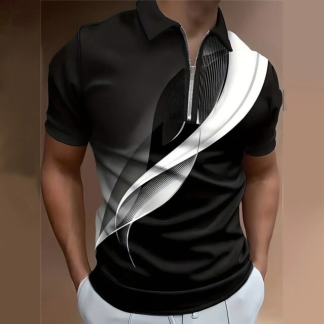 Men's Geometric Zip Polo Shirts Golf Shirt Short Sleeve Polo Shirts Collared Shirts Business Casual Vacation Wear Formal Wear Festival Wear 3D Print Quarter Zip Polo Spring & Summer Black2