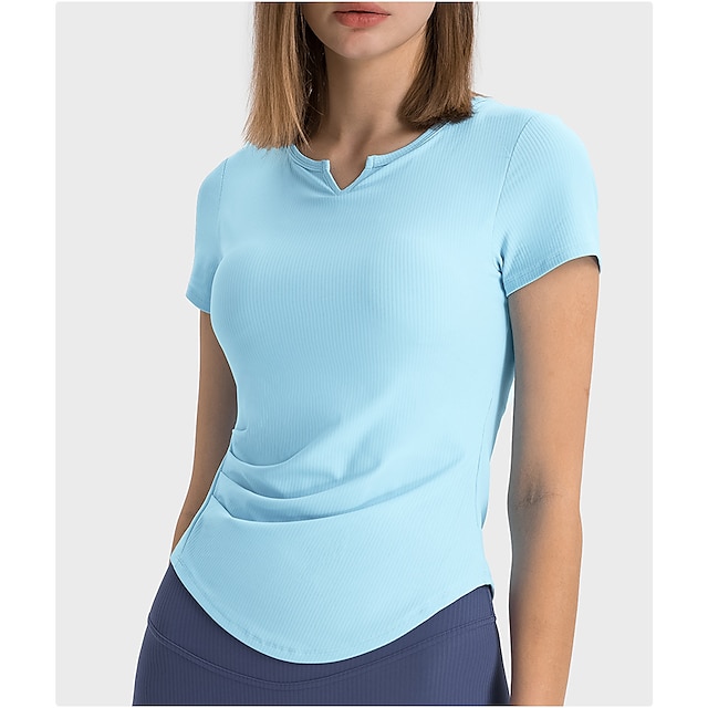  Mulheres Camiseta de Corrida Côr Sólida Ioga Ginástica Franzido Preto Branco Azul Decote V Elasticidade Alta Verão