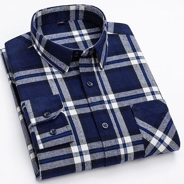 Men's Shirt Dress Shirt Plaid Office & Career Wedding Party Red Navy Blue Blue Orange Long Sleeve Lapel Spring & Fall Clothing Apparel Front Pocket 7