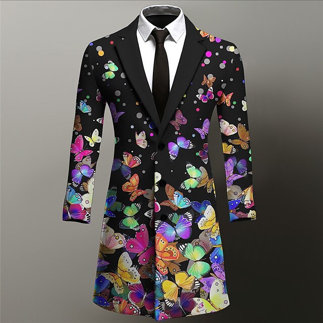 Men's Butterfly Winter Coat Overcoat Coat Warm Comfortable Breathable Business Artistic Work Wear to work Going out Pocket Print Fall & Winter Turndown Long Sleeve Blue Purple3