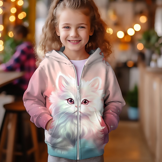  meisjes 3D kat hoodie jas bovenkleding roze lange mouw herfst winter actief schattig streetwear polyester Kinderen 3-12 jaar ritssluiting Straat Dagelijks normale pasvorm