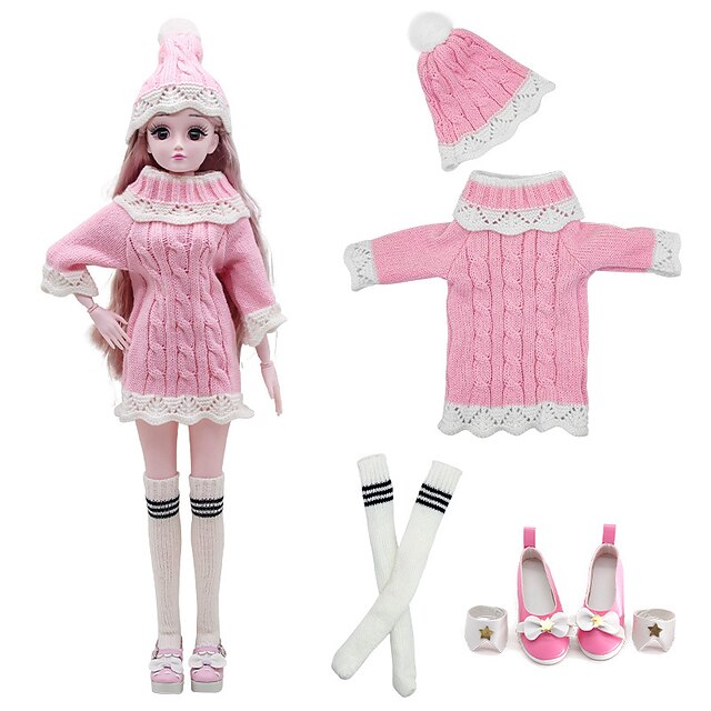  Girl's Toy 60cm Doll Clothing Princess Wedding Dress Changing Sweater Pink Dress With Hat Autumn And Winter Clothing Set