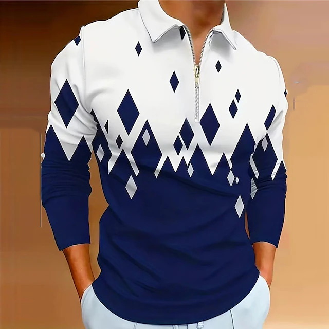 Men's Geometric Zip Polo Shirts Golf Shirt Long Sleeve Polo Shirts Collared Shirts Casual Vacation Wear Formal Wear Festival Wear 3D Print Quarter Zip Polo Spring & Summer Black Wine Navy Blue 7