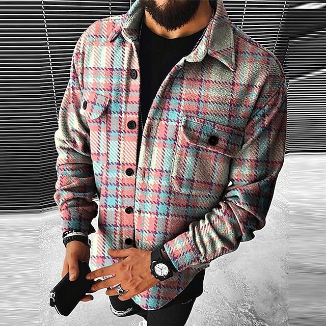  Men's Plaid Geometric Pattern Shirt Jacket Overshirt Long Sleeve Fashion Going out Weekend Fall & Winter Turndown Print Pink Blue Sky Blue Vivid Pink Orange