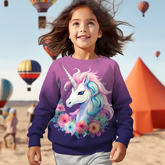  Girls' 3D Unicorn Sweatshirt Pullover Long Sleeve 3D Print Spring Fall Fashion Streetwear Adorable Polyester Kids 3-12 Years Crew Neck Outdoor Casual Daily Regular Fit
