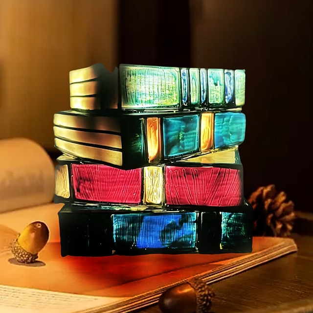  Stained Glass Stacked Books Lamp, Colored Glass Stacked Book Lamp Resin Handicraft Desk Lamp, Christmas Decor Gift
