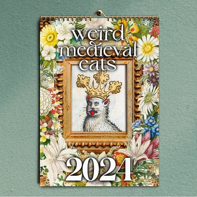  outo keskiaikainen kissakalenteri 2024, hauskat rumat kissat taiteellista modernia estetiikkaa - kissan vanhemman lahja, minimalistinen moderni eklektinen sisustus