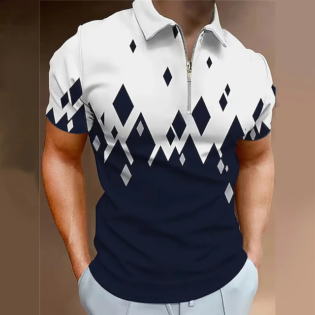 Men's Geometric Zip Polo Shirts Golf Shirt Short Sleeve Polo Shirts Collared Shirts Casual Vacation Wear Formal Wear Festival Wear 3D Print Quarter Zip Polo Spring & Summer Black Dark Navy Green 9
