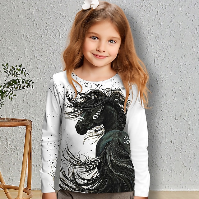  Fille 3D Cheval Tee-shirts Chemises manche longue 3D effet Printemps Automne Actif Mode Le style mignon Enfants 3-12 ans Col Ras du Cou Extérieur Casual du quotidien Standard